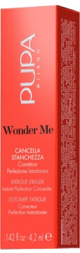 Pupa Wonder Me Fatigue Eraser korektor, czerwone pudełko z białymi napisami, widok z przodu, 4.2ml.