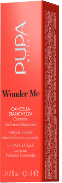 Czerwone pudełko korektora Pupa Wonder Me Fatigue Eraser, widok z przodu, pionowo, z białym tekstem.