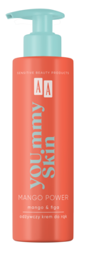 AA YOU.mmy Skin Mango Power odżywczy krem do rąk w koralowej butelce z turkusową pompką, widok z przodu.