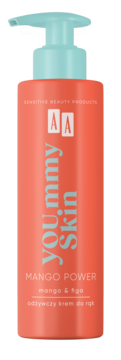 AA YOU.mmy Skin Mango Power odżywczy krem do rąk w koralowej butelce z turkusową pompką, widok z przodu.