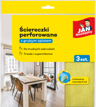 Żółte ściereczki perforowane Jan Niezbędny, 3 szt., z grubym splotem do trudnych zabrudzeń. Widok opakowania.