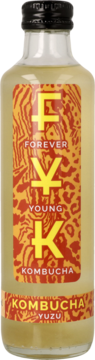 Butelka Forever Young Kombucha Yuzu, żółta ciecz, etykieta z czerwonymi wzorami i żółtym napisem FYK, widok z przodu.