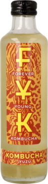 Butelka Forever Young Yuzu Kombucha, żółto-pomarańczowa etykieta z wzorem i dużymi literami FYK, widok z przodu.