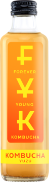 Butelka Forever Young Kombucha Yuzu, widok z przodu, pomarańczowo-żółta etykieta z napisami F Y K.