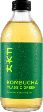 Szklana butelka Kombuchy Classic Green, fermentowanej i musującej herbaty, z zieloną etykietą, widok z przodu.