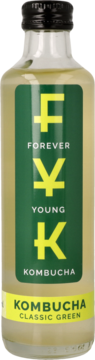 Butelka Kombucha Forever Young Classic Green, jasny napój, zielona etykieta z żółtym logo FYK, widok z przodu.