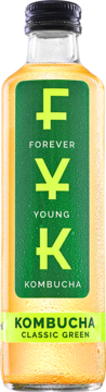 Szklana butelka Kombucha Forever Young Classic Green, złocisty napój z kroplami wody, zielona etykieta, widok z przodu.