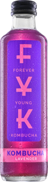 Szklana butelka różowej Kombuchy Forever Young Lavender, fioletowa etykieta z różowym napisem, widok z przodu.