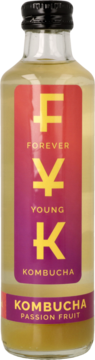 Szklana butelka Kombuchy Forever Young Passion Fruit, etykieta czerwono-fioletowa z logo FYK, widok z przodu.