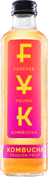 Butelka Kombuchy Forever Young o smaku marakui, różowa etykieta z żółtym napisem F Y K, widok z przodu.