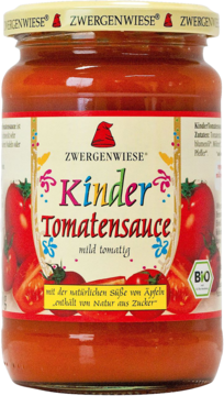 Słoik Zwergenwiese Kinder Tomatensauce, ekologiczny sos pomidorowy, widok z przodu, z kolorową etykietą i logo BIO.
