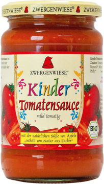 Słoik Zwergenwiese Kinder Tomatensauce, ekologiczny sos pomidorowy, widok z przodu, z kolorową etykietą i logo BIO.