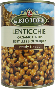 Brązowa puszka organicznej soczewicy La BIO IDEA, widok z przodu, z dużym zdjęciem ugotowanych ziaren.