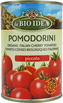 Puszka pomidorów La Bio Idea Pomodorini, ekologiczne pomidorki cherry, czerwono-zielona etykieta, widok z przodu.