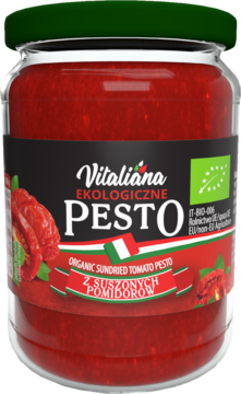 Vitaliana ekologiczne pesto z suszonych pomidorów w szklanym słoiku z zieloną zakrętką, widok z przodu.