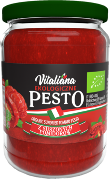 Vitaliana ekologiczne pesto z suszonych pomidorów w szklanym słoiku z zieloną zakrętką, widok z przodu.