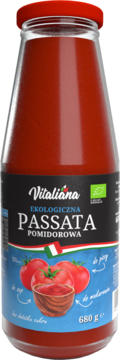 Czerwona passata pomidorowa Vitaliana w szklanej butelce 680g, etykieta z pomidorami, widok z przodu.