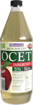 NaturaVena Ekologiczny Ocet Jabłkowy 750ml, 5%, niepasteryzowany, w butelce z etykietą z jabłkiem.