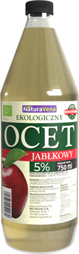NaturaVena Ekologiczny Ocet Jabłkowy 750ml, 5%, niepasteryzowany, w butelce z etykietą z jabłkiem.