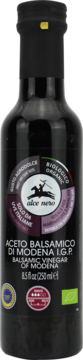 Czarna butelka bio octu balsamicznego Alce Nero z Modeny, 250ml, widok z przodu. Eko certyfikaty.