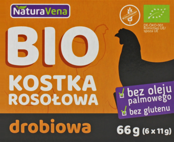 NaturaVena BIO kostka rosołowa drobiowa 66g, pomarańczowo-szare opakowanie z kurczakiem, bez oleju palmowego i glutenu.