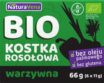 Zielone opakowanie NaturaVena BIO Kostka Rosolowa warzywna, bez glutenu i oleju palmowego, widok z przodu.
