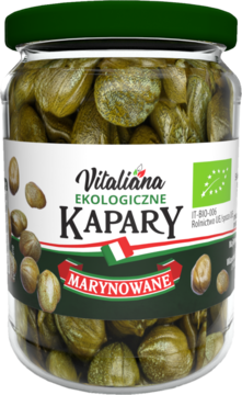 Słoik z ekologicznymi kaparami marynowanymi Vitaliana, z zieloną zakrętką i białą etykietą, widok z przodu.