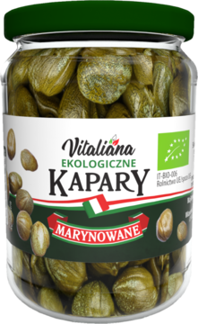 Słoik z ekologicznymi kaparami marynowanymi Vitaliana, z zieloną zakrętką i białą etykietą, widok z przodu.
