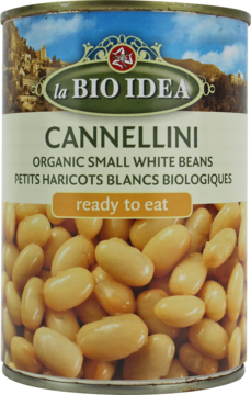 Srebrna puszka La BIO IDEA Cannellini Organic Small White Beans z zielono-niebieską etykietą i napisem "ready to eat".