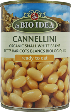 Srebrna puszka La BIO IDEA Cannellini Organic Small White Beans z zielono-niebieską etykietą i napisem "ready to eat".