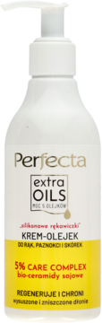 Perfecta Extra Oils krem do rąk regenerujący, biała butelka z pompką, żółta etykieta, widok z przodu.