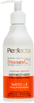 Perfecta Fenomen C, biały krem do rąk z wit. C i E w butelce z pompką, widok z przodu.