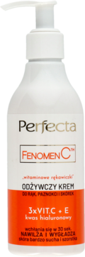 Perfecta Fenomen C, biały krem do rąk z wit. C i E w butelce z pompką, widok z przodu.
