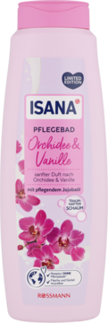 Isana Pflegbad Orchidee & Vanille, różowy płyn do kąpieli w butelce, limitowana edycja, widok z przodu.