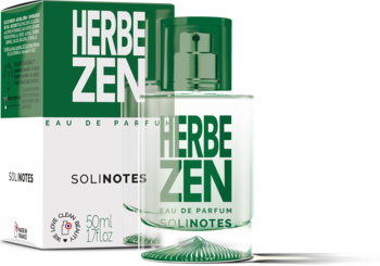 Perfumy unisex Solinotes Herbe Zen 50ml EDP. Przezroczysta butelka z zielonym napisem obok zielono-białego pudełka.