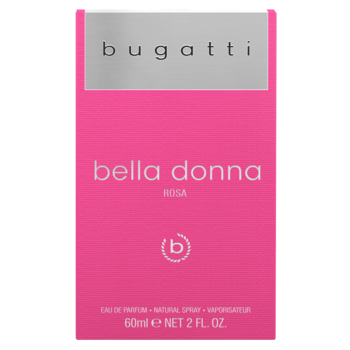 Różowe pudełko damskich perfum Bugatti Bella Donna ROSA 60ml, widok z przodu, srebrny pasek u góry.