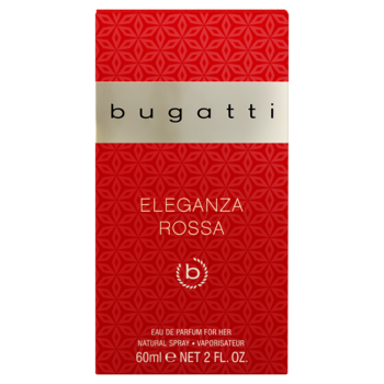 Czerwone pudełko perfum Bugatti Eleganza Rossa męskich 60ml, widok z przodu, ze złotym paskiem.
