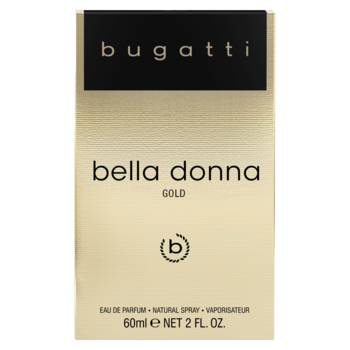 Złote, prostokątne pudełko perfum Bugatti Bella Donna GOLD 60ml, widok z przodu, z czarnym paskiem u góry.