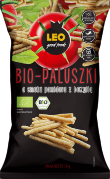 Bio-Paluszki LEO o smaku pomidora i bazylii, czarne opakowanie z grafiką pomidora, widok z przodu.