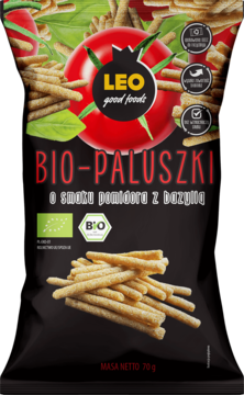 Bio-Paluszki LEO o smaku pomidora i bazylii, czarne opakowanie z grafiką pomidora, widok z przodu.