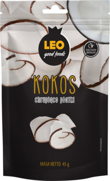 LEO Good Foods ,płatki z kokosa, chrupiące,przód