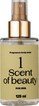 Mgiełka Scent of Beauty No1 dla kobiet, 125 ml. Przezroczysta butelka z złotym atomizerem i etykietą w kolorze oliwkowym.