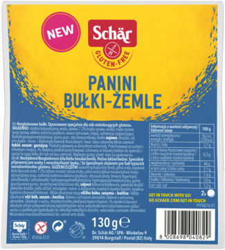 Żółto-niebieskie opakowanie bułek bezglutenowych Dr Schar Panini, widok z przodu, 130g.