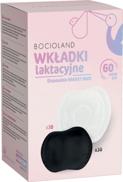 Różowe opakowanie jednorazowych wkładek laktacyjnych Bocioland z białymi i czarnymi wkładkami na pierwszym planie.