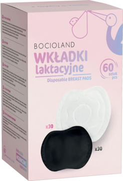 Różowe opakowanie jednorazowych wkładek laktacyjnych Bocioland z białymi i czarnymi wkładkami na pierwszym planie.