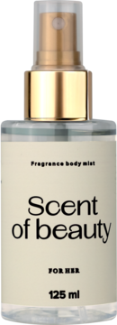Mgiełka Scent of beauty 125 ml w przezroczystej butelce z jasnobeżową etykietą i złotym atomizerem, widok z przodu.