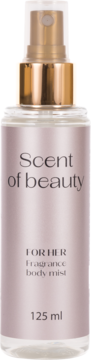 Mgiełka zapachowa Scent of Beauty 125 ml dla kobiet. Przezroczysta butelka z różowym akcentem i złotą pompką.
