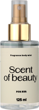 Scent of beauty Fragrance body mist 125ml. Przezroczysta butelka z beżową etykietą, złotym atomizerem, widok z przodu.