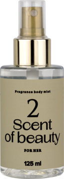 Mgiełka Scent of Beauty No2 125ml, przezroczysta butelka ze złotą nakrętką i beżową etykietą, widok z przodu.