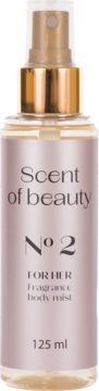 Scent of beauty No 2 FOR HER body mist 125 ml, przezroczysta butelka z różową etykietą, widok z przodu.